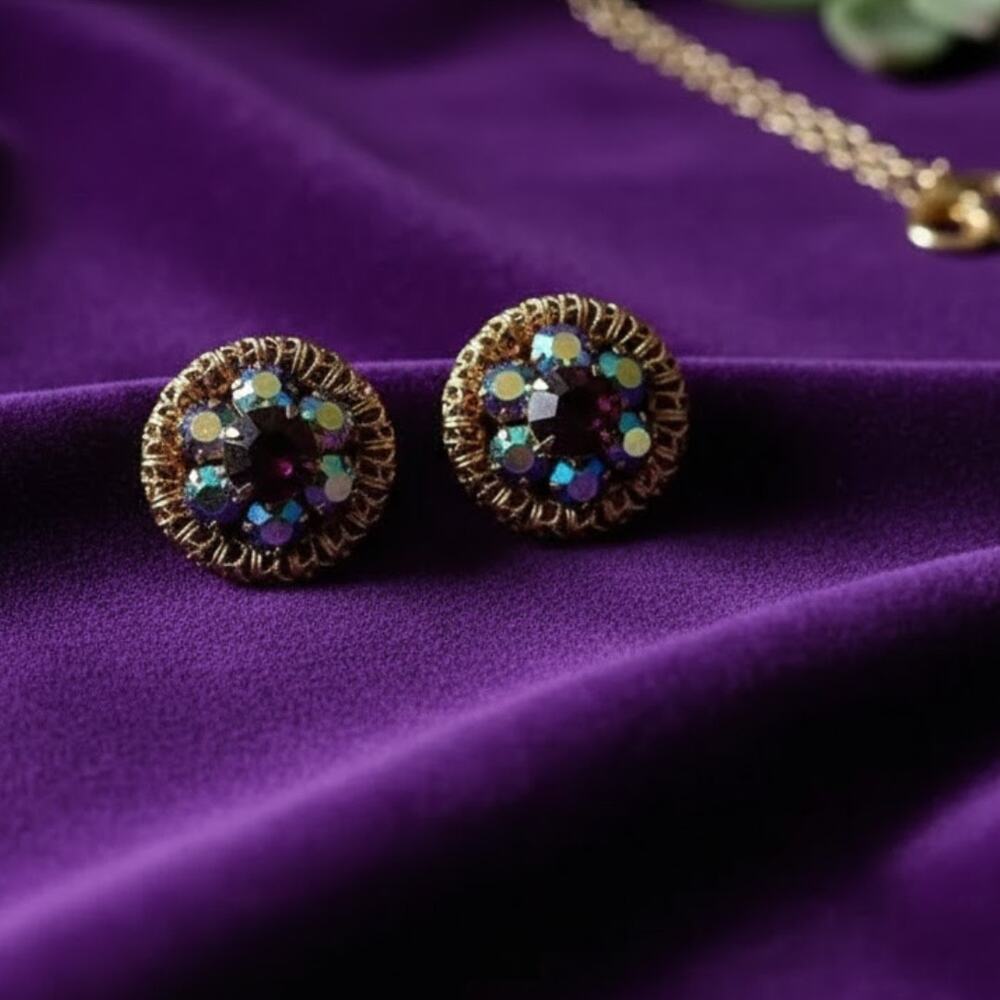 Vintage Aurora Borealis Rhinestone Clip On Earrings Blue Gold